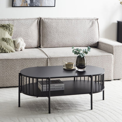 RetroHome Brand Coffee Table Black MDF 103x50 Oval With Shelf