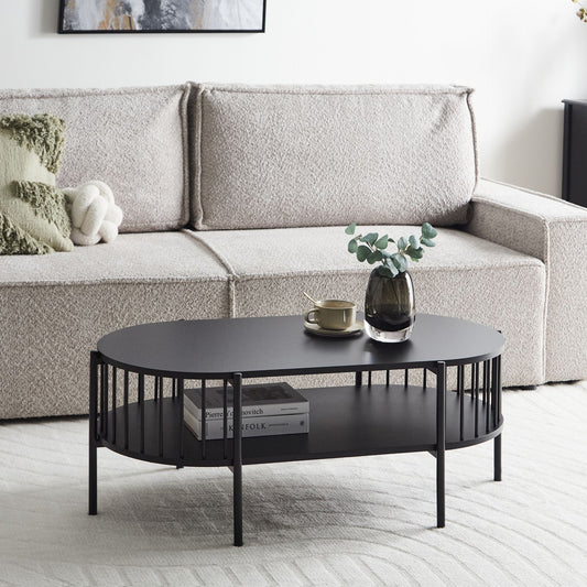 RetroHome Brand Coffee Table Black MDF 103x50 Oval With Shelf