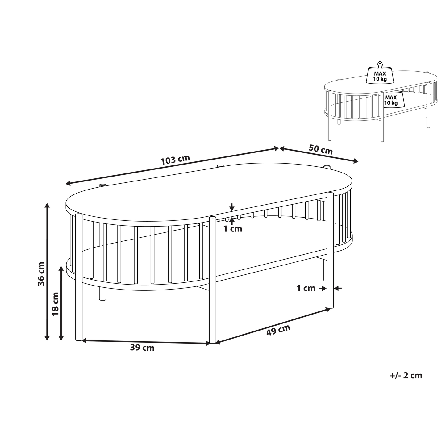 RetroHome Brand Coffee Table Black MDF 103x50 Oval With Shelf