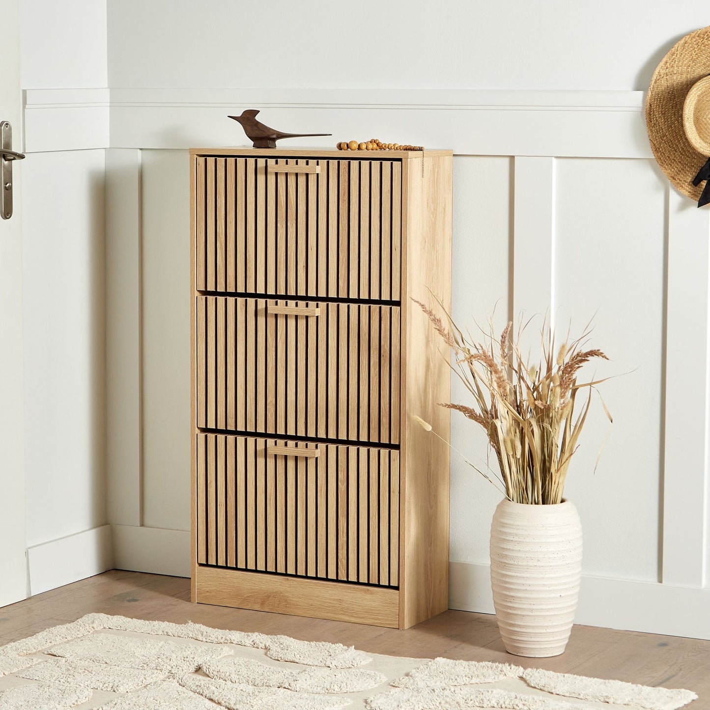 TimberLine Light Wood Shoe Cabinet With Pine Legs, 3 Compartments, Modern Hallway Storage