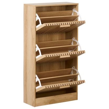TimberLine Light Wood Shoe Cabinet With Pine Legs, 3 Compartments, Modern Hallway Storage