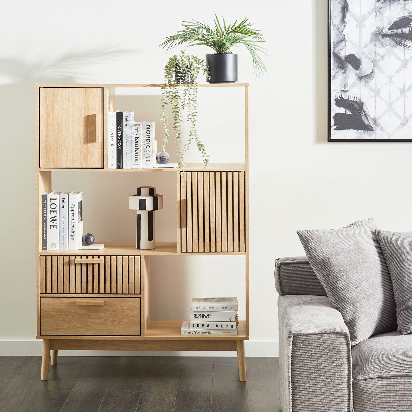 ScandiHome Bookcase Light Brown MDF Pine Wood with 2 Drawers
