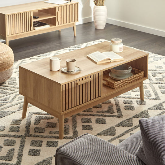 NordicNest Coffee Table Light Brown MDF Legs 100 X 50 CM With Drawer