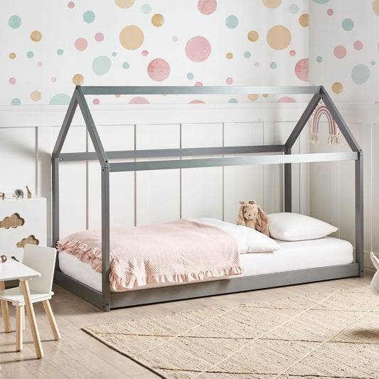 Kids House Grey Pine Wood House Bed 3ft Single With Slatted Frame