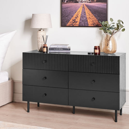 NovaHome 6 Drawer Chest Black MDF Modern Storage Unit For Living Room