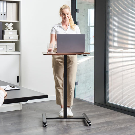 Manually Adjustable Mobile Laptop Desk 65 x 48cm Dark Brown Steel Frame Wheeled Sit Stand Office