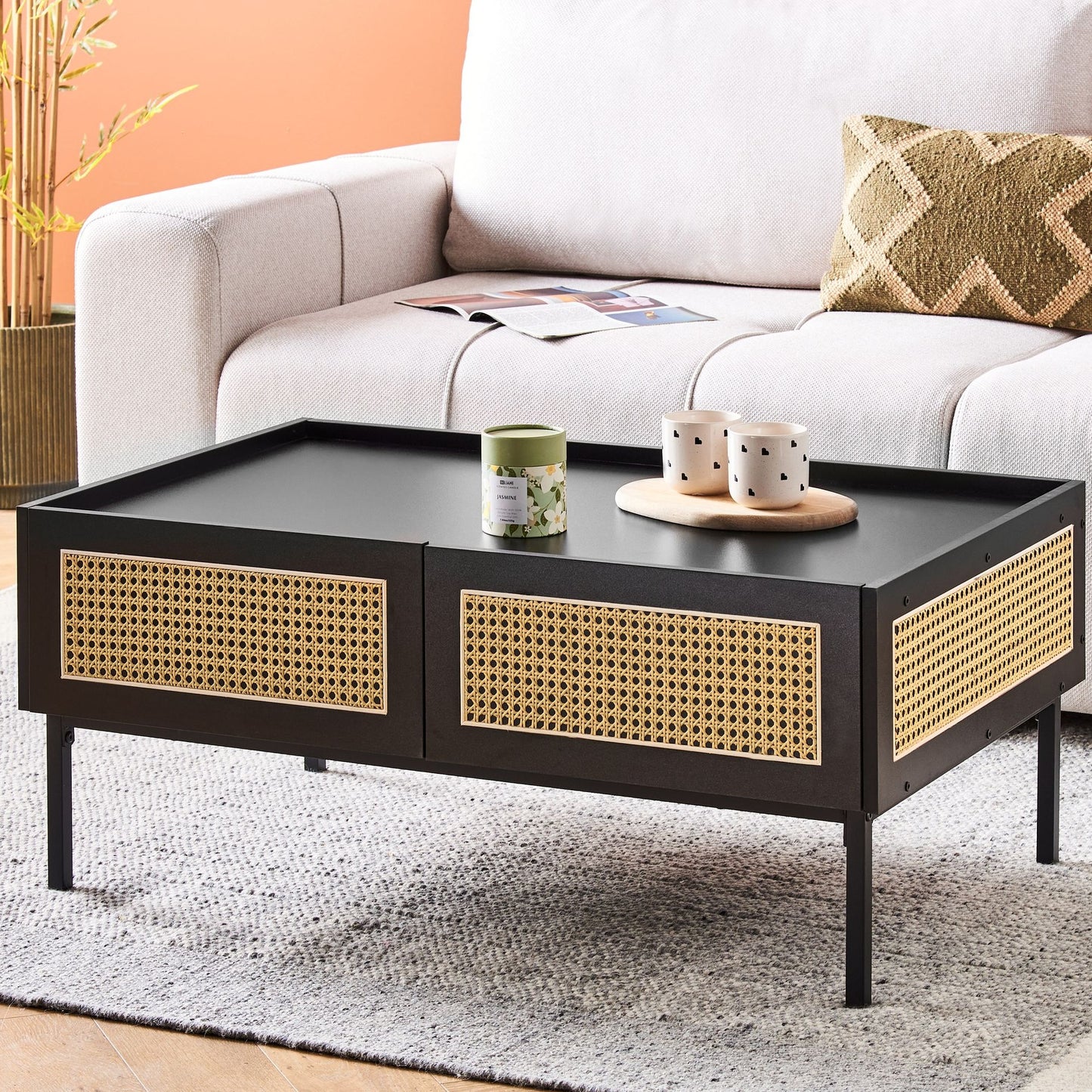 CasaBoho Viennese Braid Coffee Table Black MDF Iron Frame Rattan Drawers 97 x 57 x 42 cm