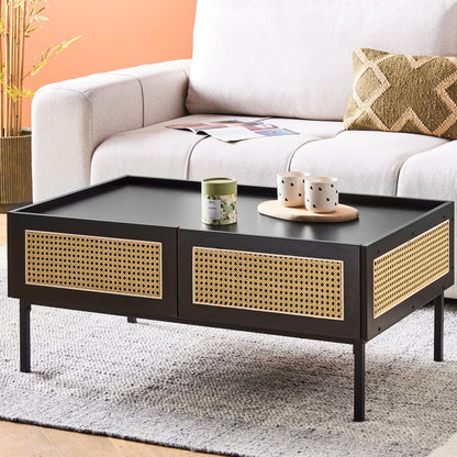 CasaBoho Viennese Braid Coffee Table Black MDF Iron Frame Rattan Drawers 97 x 57 x 42 cm