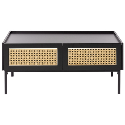 CasaBoho Viennese Braid Coffee Table Black MDF Iron Frame Rattan Drawers 97 x 57 x 42 cm