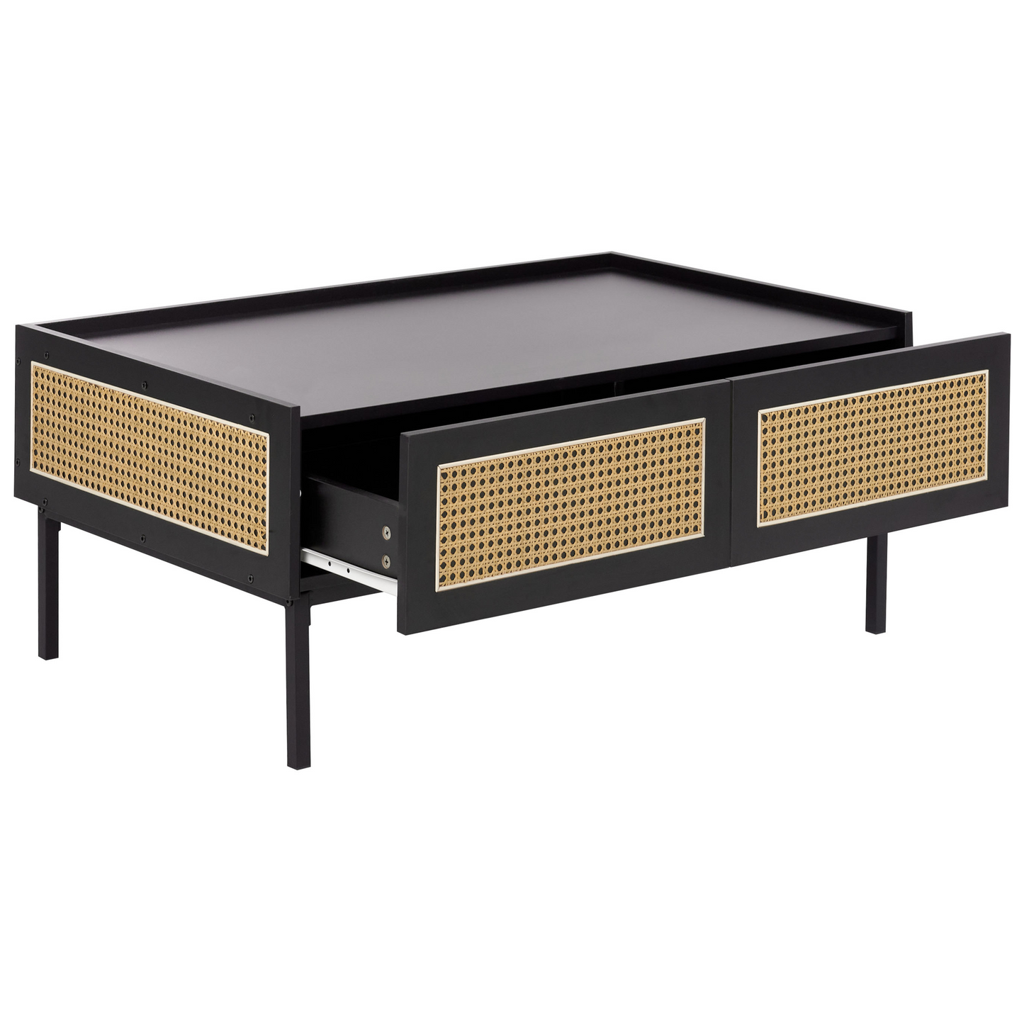 CasaBoho Viennese Braid Coffee Table Black MDF Iron Frame Rattan Drawers 97 x 57 x 42 cm