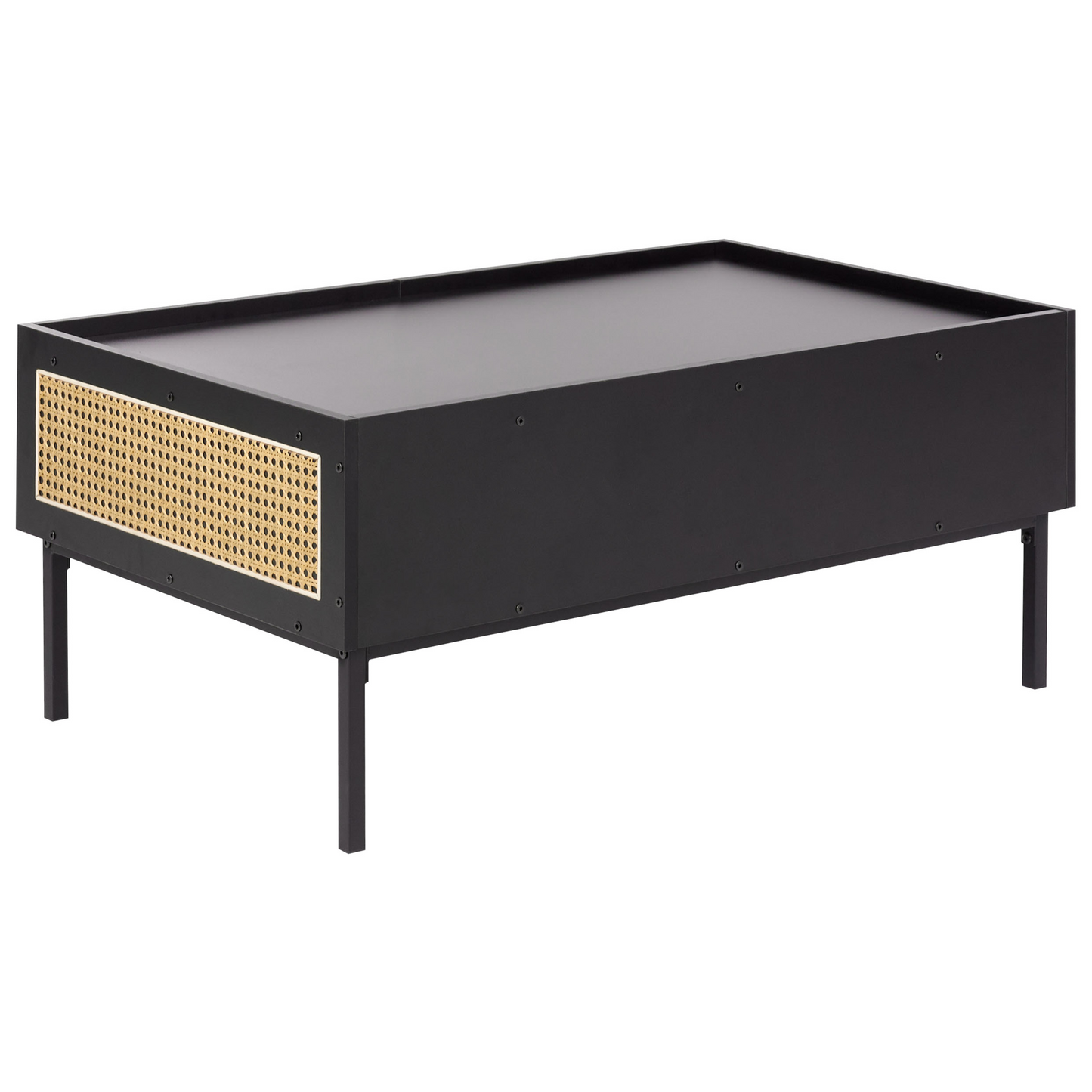 CasaBoho Viennese Braid Coffee Table Black MDF Iron Frame Rattan Drawers 97 x 57 x 42 cm
