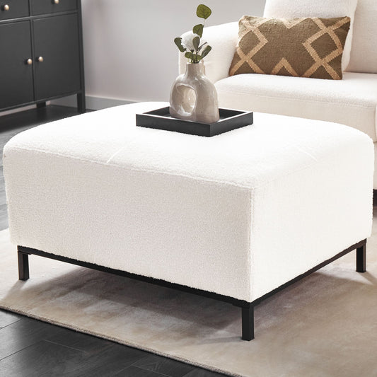 White Boucle Upholstered Rectangular Footstool With Solid Wood Frame Minimalist Modern Design
