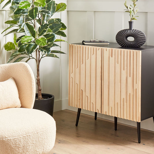 NovaLine Modern Sideboard With MDF Frame Solid Rubberwood Doors Iron Legs Light Brown