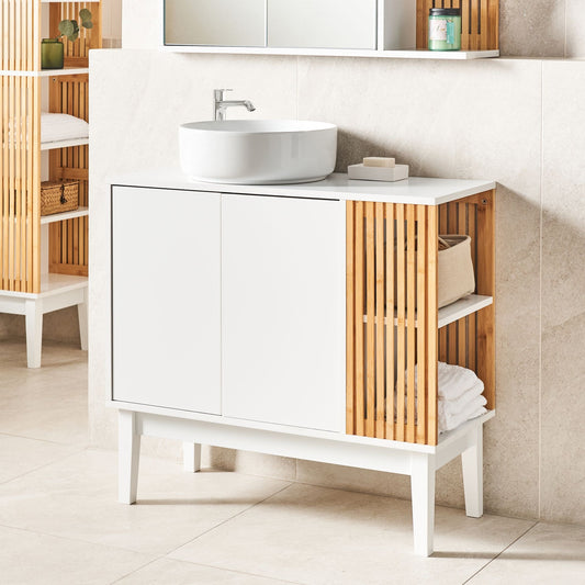 BrandName Washbasin Cabinet White And Light Wood With Bamboo Legs