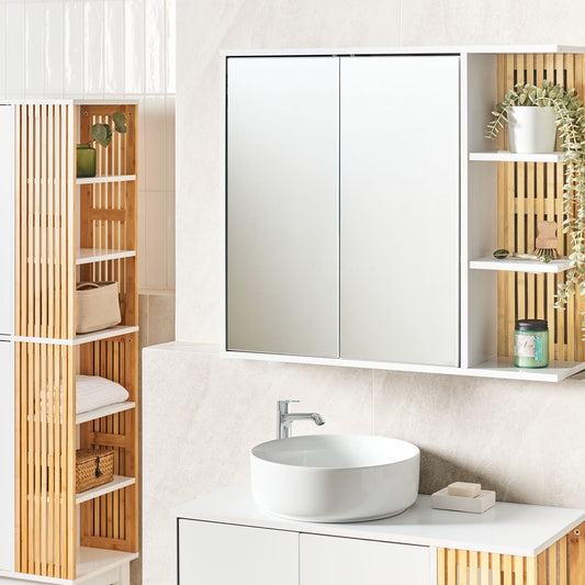 NovaCasa Wall Mounted Mirror Cabinet White And Light Wood Push-Open