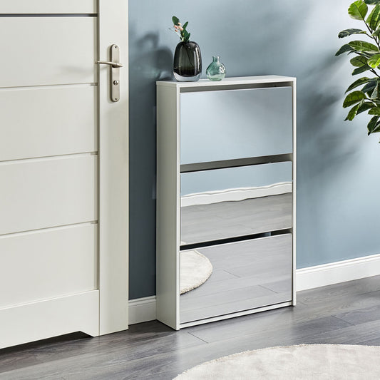 Lumina White MDF Shoe Storage Cabinet With Mirror Front Three Compartments For Hallway
