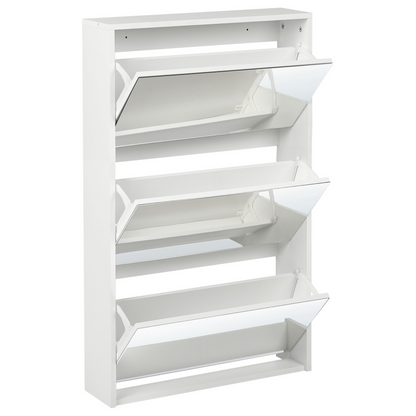 Lumina White MDF Shoe Storage Cabinet With Mirror Front Three Compartments For Hallway