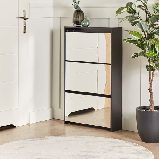 LuxHome Black Shoe Storage Cabinet With Mirror Fronts 3 Compartments