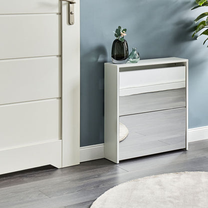 NovaHome Shoe Storage Cabinet White MDF Frame Mirror Fronts With 2 Compartments Modern Hallway Organizer