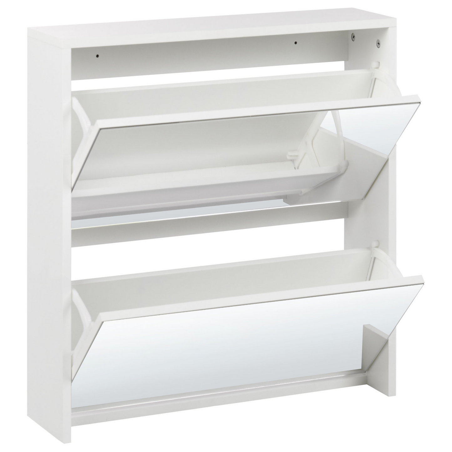 NovaHome Shoe Storage Cabinet White MDF Frame Mirror Fronts With 2 Compartments Modern Hallway Organizer