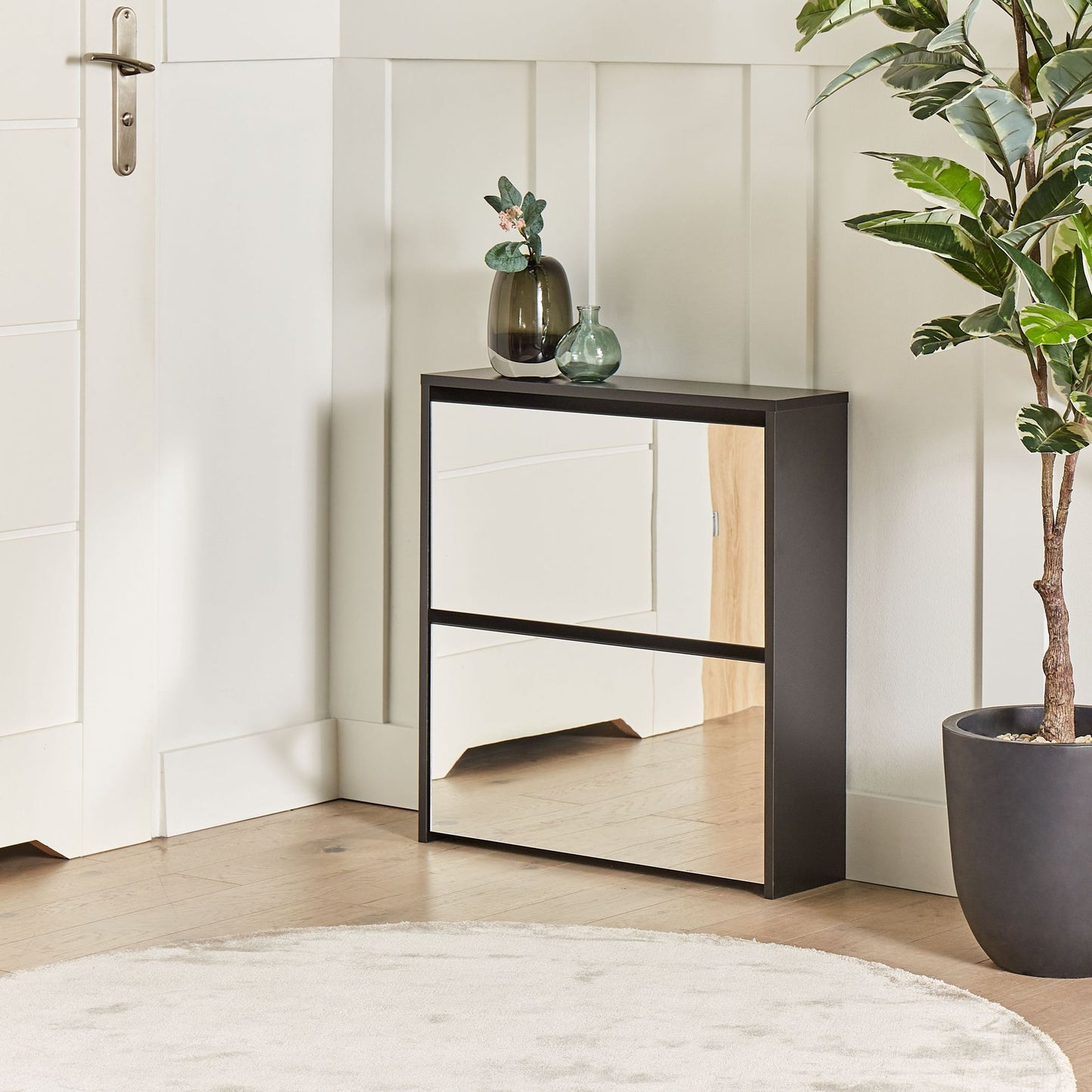 Nova Black Shoe Storage Cabinet With Mirror Fronts, 2 Compartments