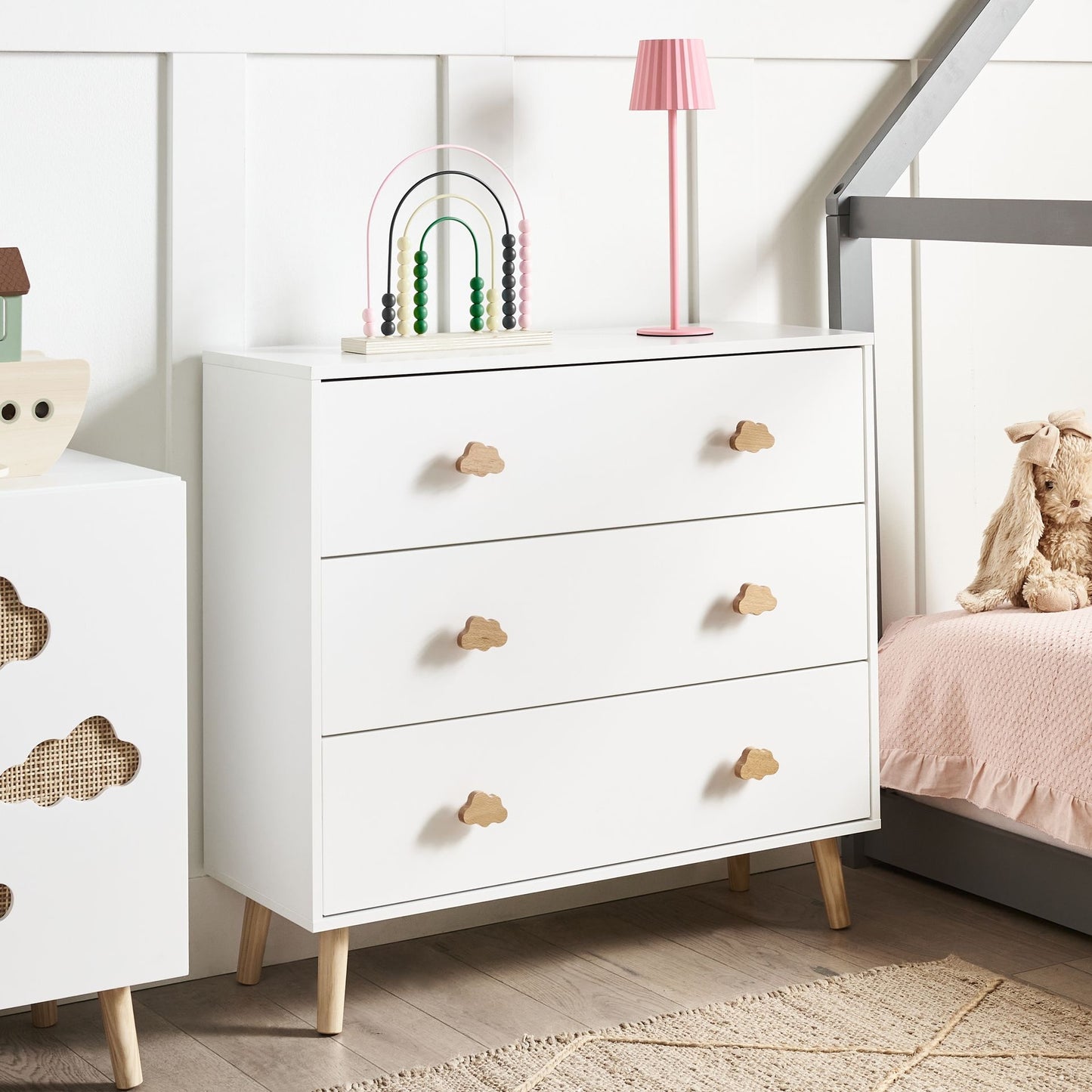 CloudNest 3-Drawer Chest White MDF Pine Wood Legs Cloud-Shaped Handles