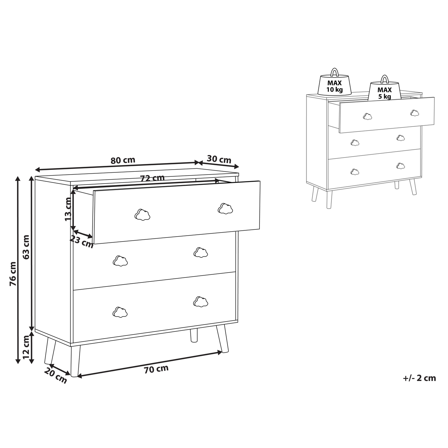 CloudNest 3-Drawer Chest White MDF Pine Wood Legs Cloud-Shaped Handles