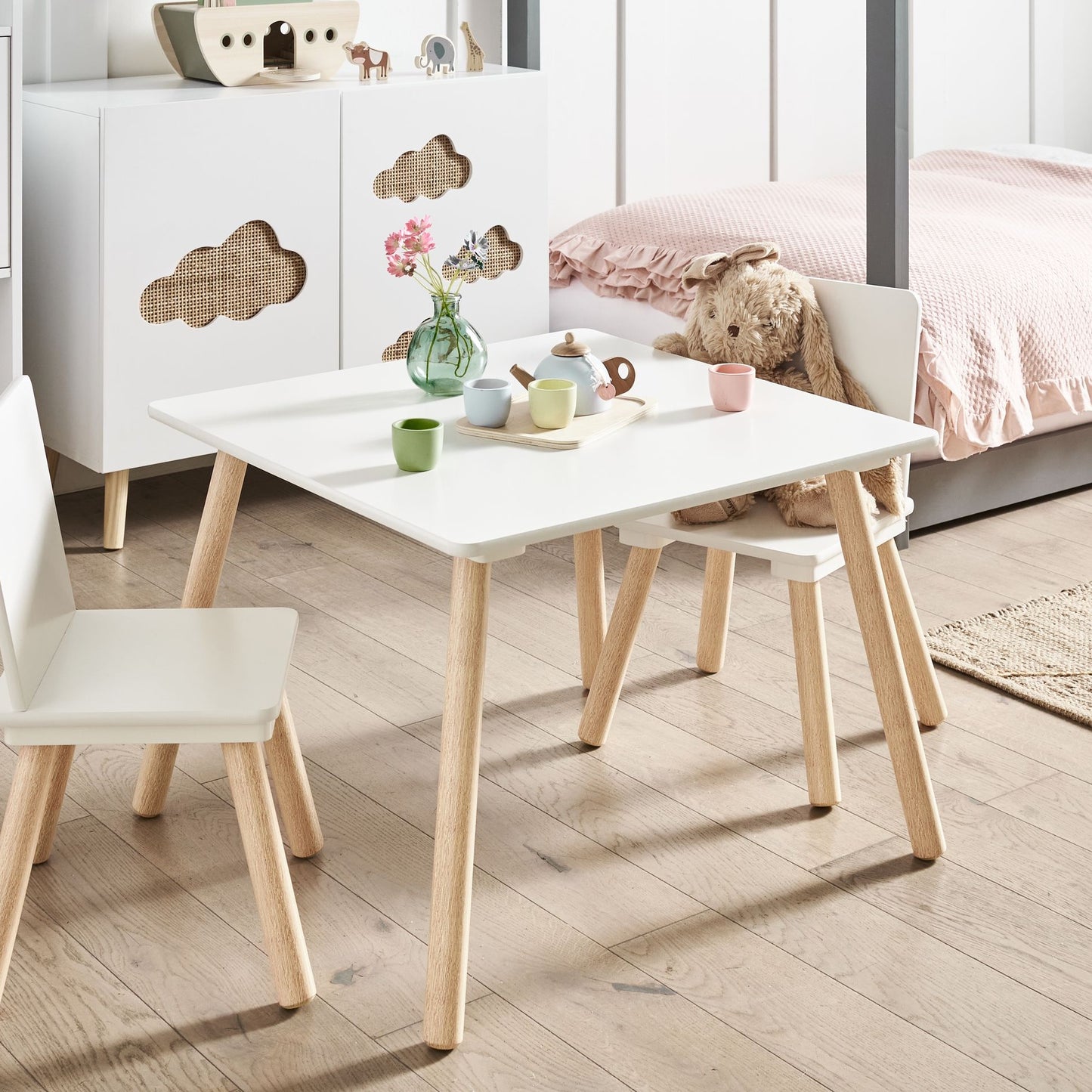 BrightNest Kids 2 Seater Table And Chairs Set White And Light Wood