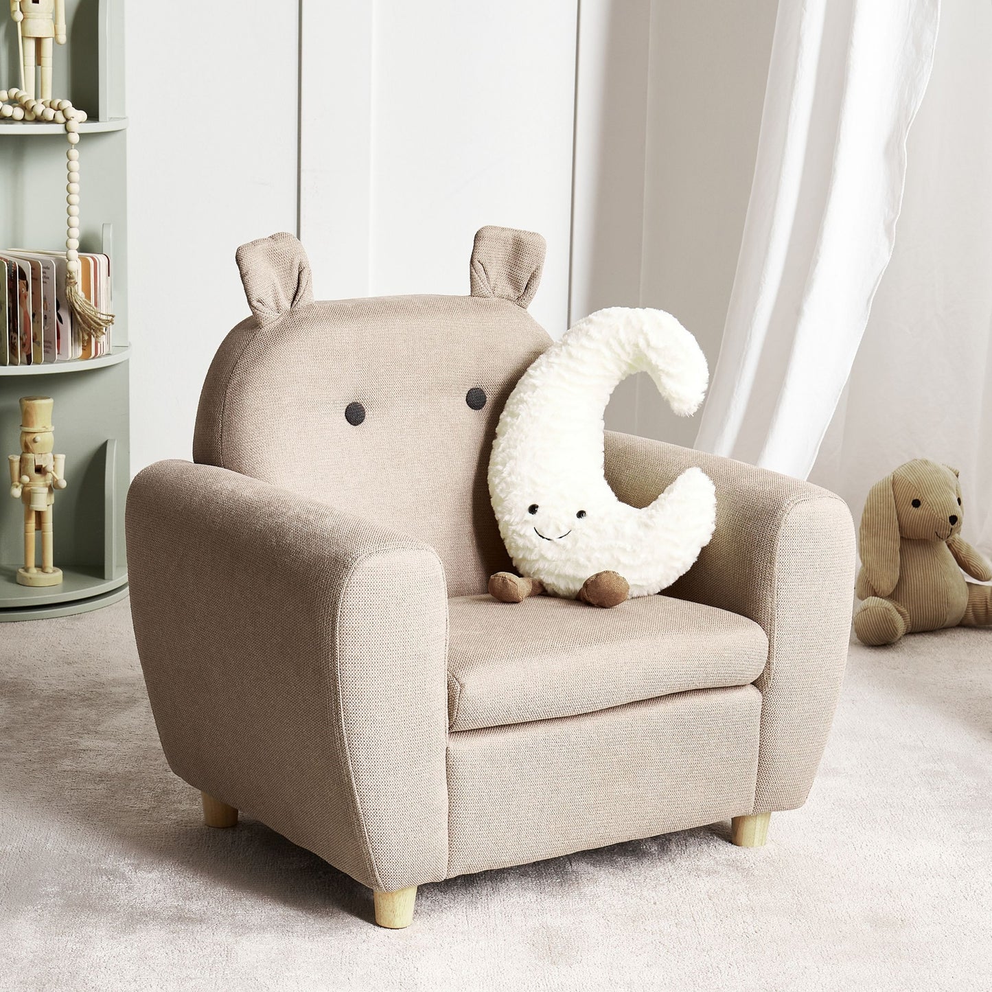 Little Hippo Kids Armchair Taupe Fabric Upholstery With Foam Cushioned Seat And Armrests Modern Design