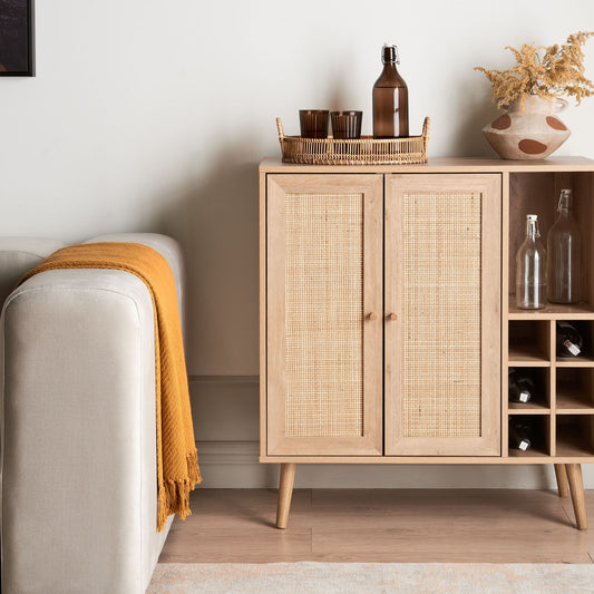 Sideboard Rattan Front 2 Doors Wine Rack Boho Style