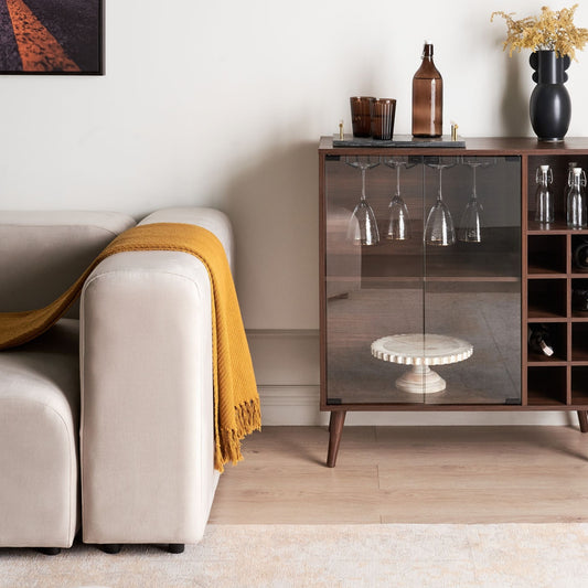 Dark Engineered Wood Sideboard With Glass Fronts 2 Door Shelves And Wine Rack Hallway