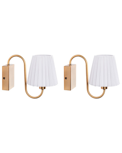 Wall Lamps Set Of 2 White Fabric Shade Gold Base