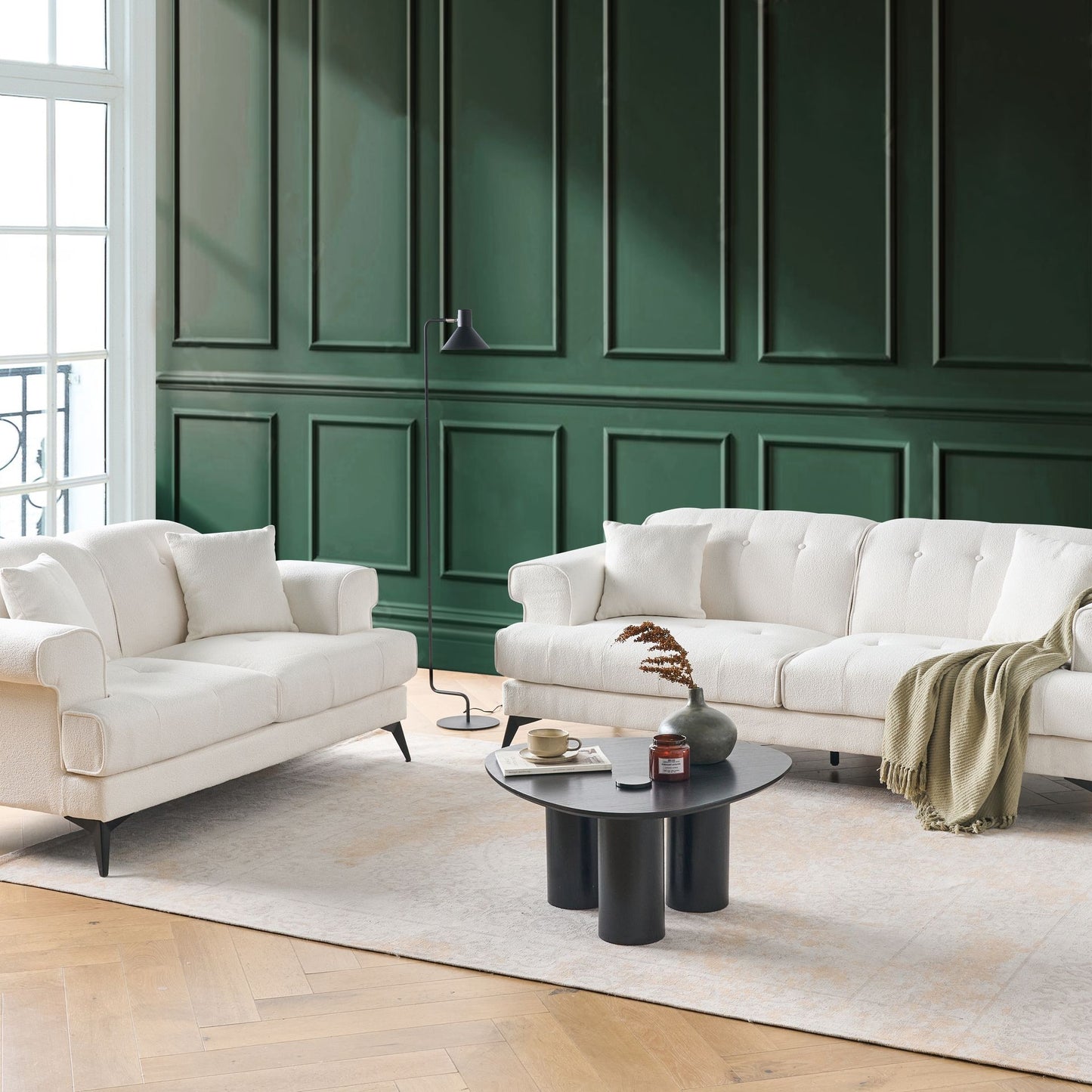White Boucle Sofa Set 2 and 3 Seaters with Adjust Headrests
