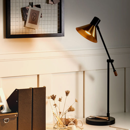 Industrial Table Lamp Black And Gold With Adjustable Shade And Arm For Living Room And Bedroom Decor
