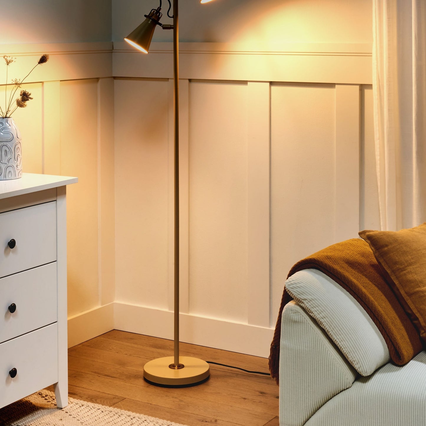 Beacon Beige Metal Floor Lamp With Adjustable Shade And On Off Switch