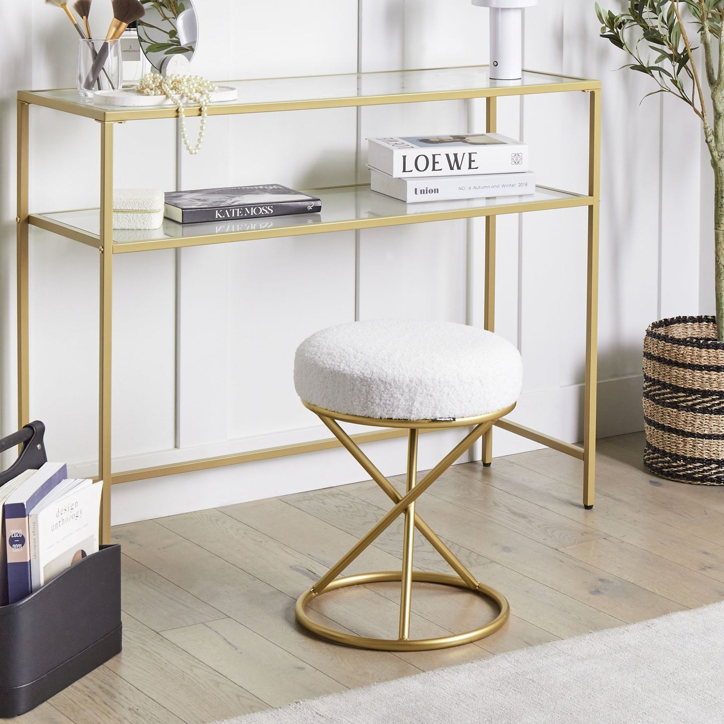 Footstool Off White Boucle With Gold Metal Legs