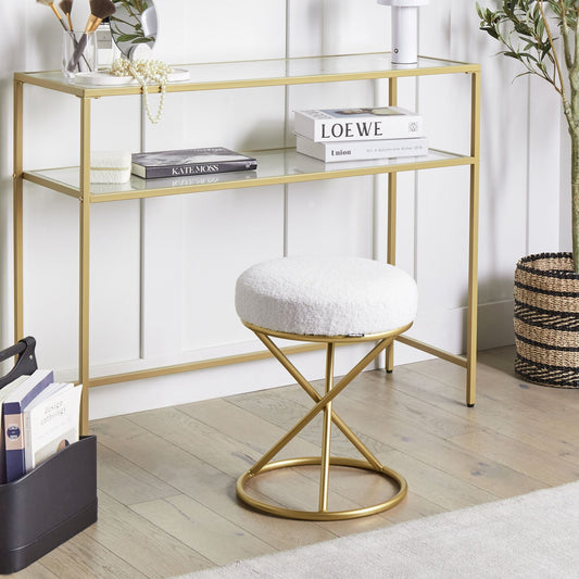 Footstool Off White Boucle With Gold Metal Legs