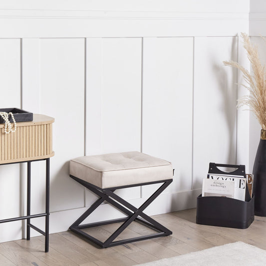 Beige Faux Leather Tufted Footstool With Metal Legs