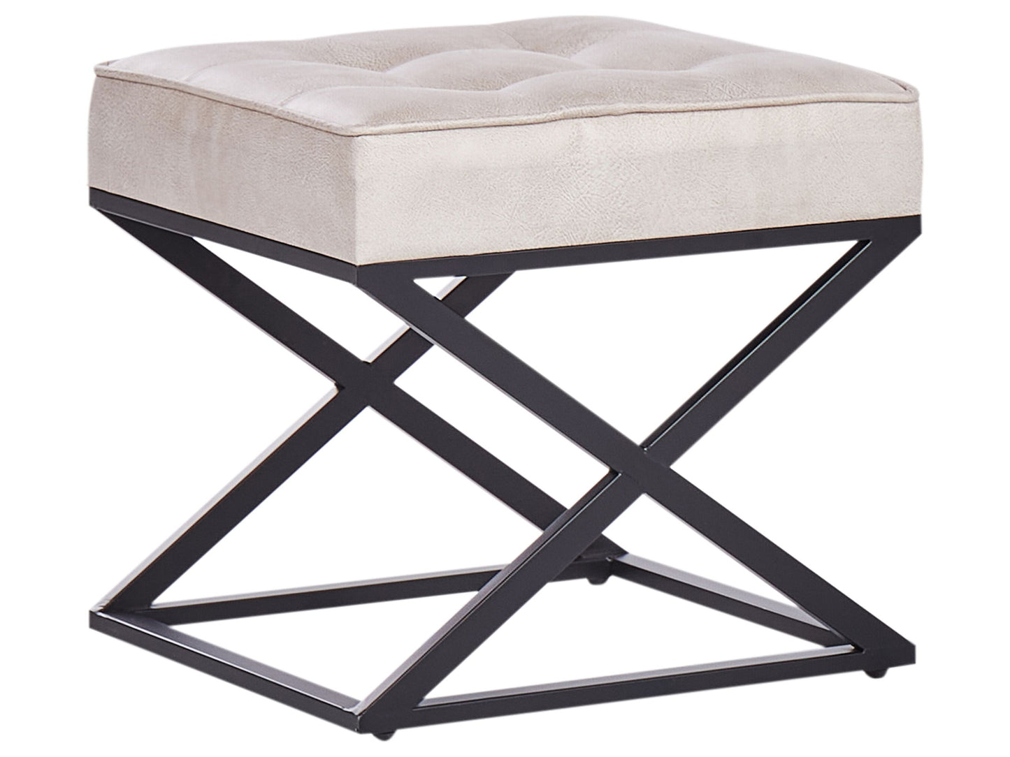 Beige Faux Leather Tufted Footstool With Metal Legs