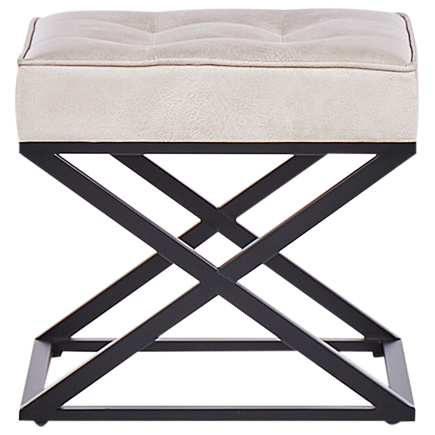 Beige Faux Leather Tufted Footstool With Metal Legs