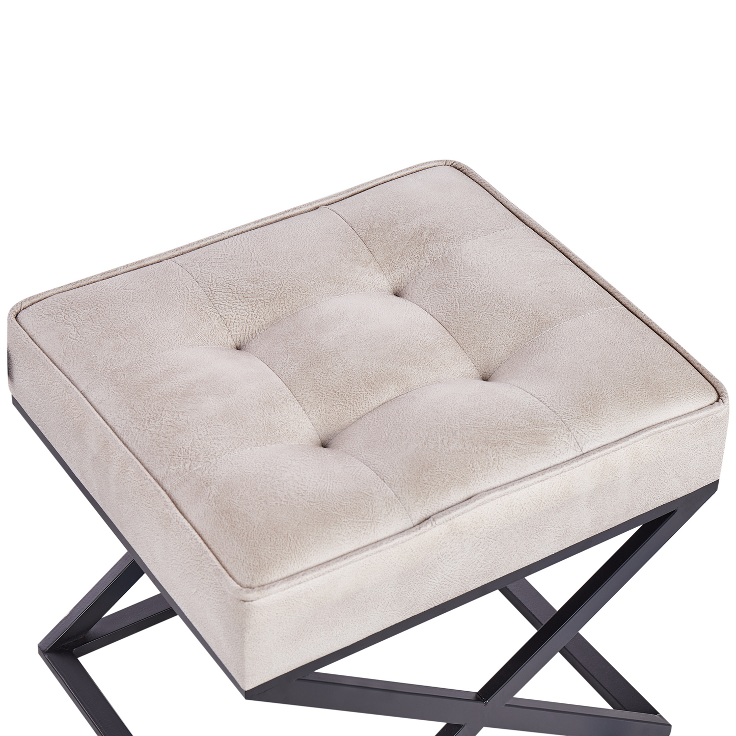 Beige Faux Leather Tufted Footstool With Metal Legs