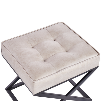 Beige Faux Leather Tufted Footstool With Metal Legs
