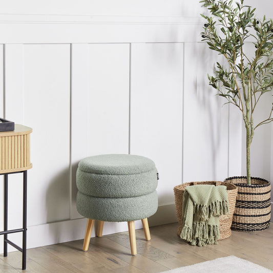 Green Upholstered Stool With Storage And Wooden Legs