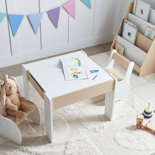 BrightNest Kids 2-Seater Table Set White Wood With Reversible Tabletop