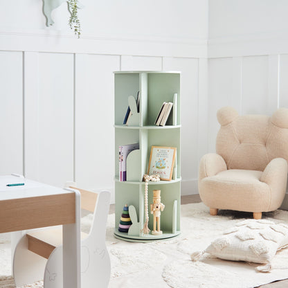 BunnyNest Rotating Bookshelf Light Green 3 Tier Bunny Motif