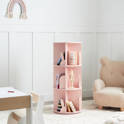 KinderNest Rotating Bookshelf Pastel Pink 3 Tier Bunny Motif