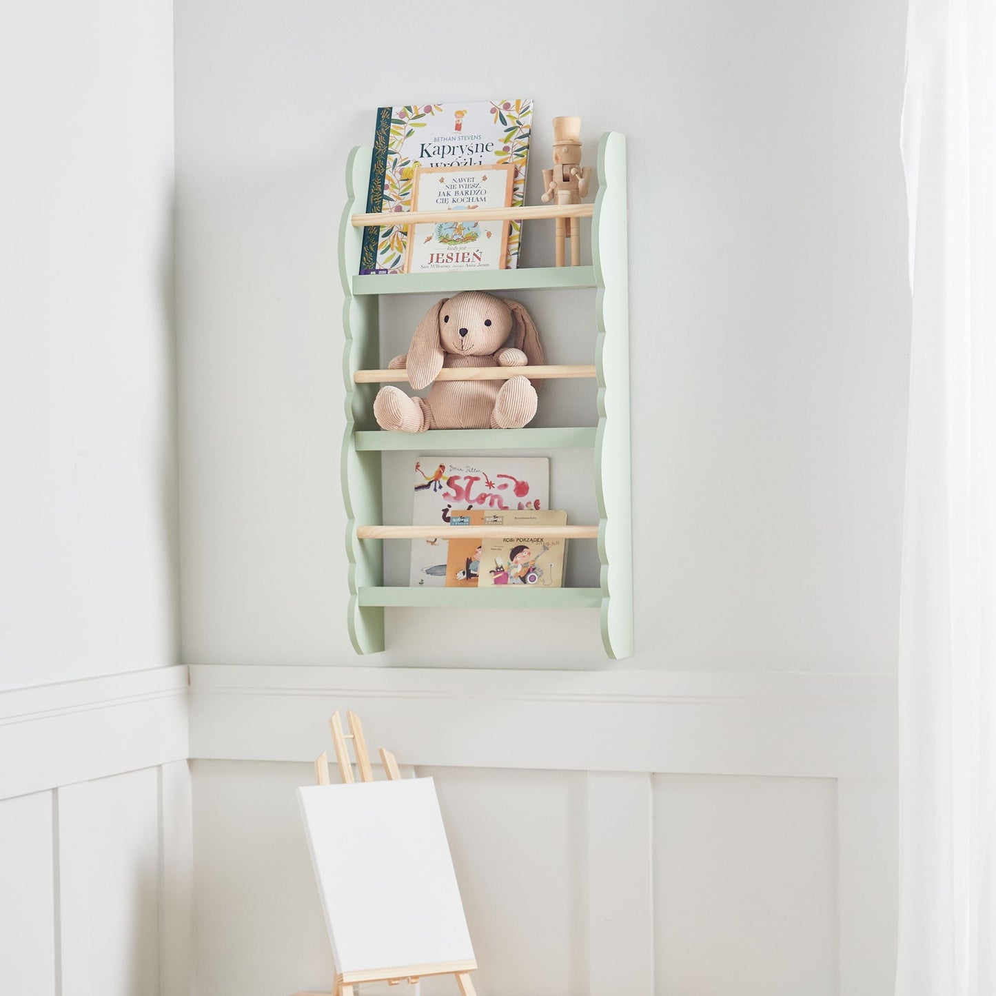 BrightNest Wall Bookshelf Light Green 3 Tier Pine Wood