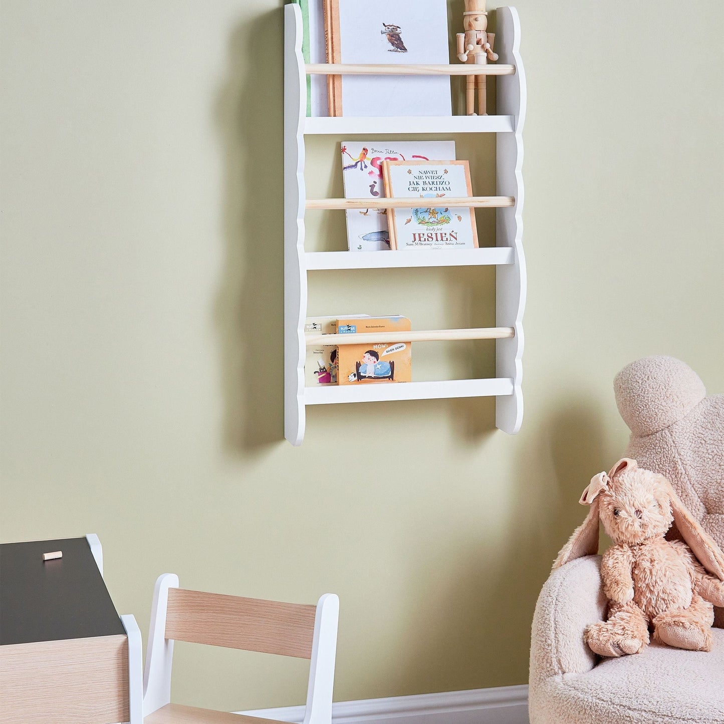 Everwood Wall Bookshelf White 3 Tier Pine Wood MDF For Kids Room Space Saving Design