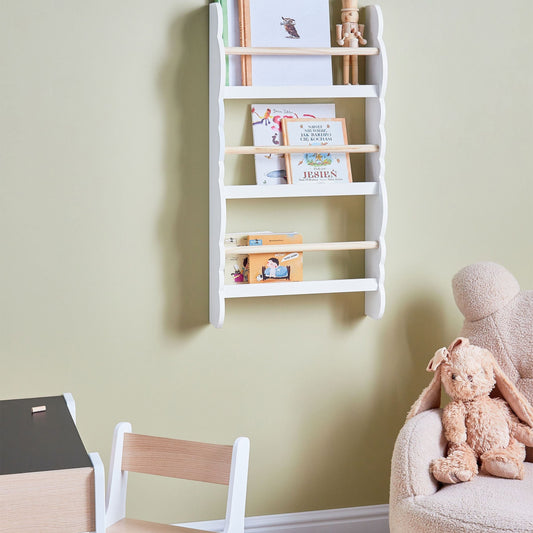 Everwood Wall Bookshelf White 3 Tier Pine Wood MDF For Kids Room Space Saving Design