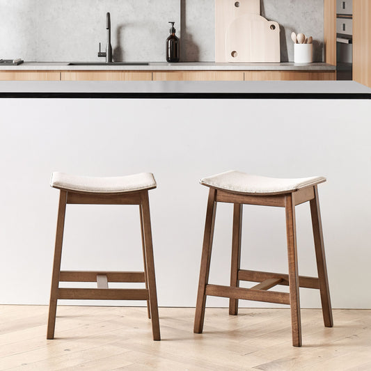 Set Of 2 Bar Chairs Beige Rubberwood With Polyester Upholstered Seats Dark Brown Finish